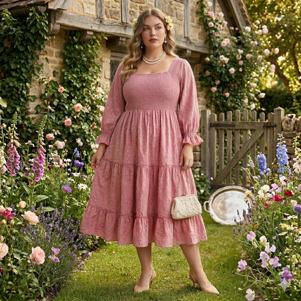 Jessakae Cotton Smocked Tiered Midi Dress Womens 3x Cottage Wedding Guest Pink
